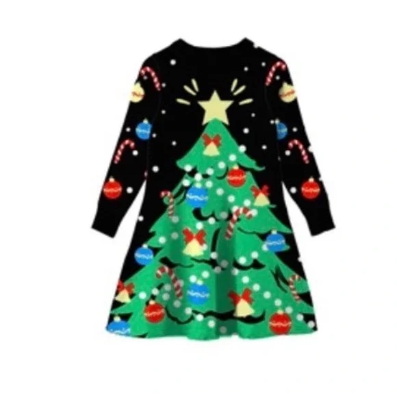 Girls Christmas Tree Sweater Dress Black Knit Long Sleeve Holiday Size M - Picture 1 of 8